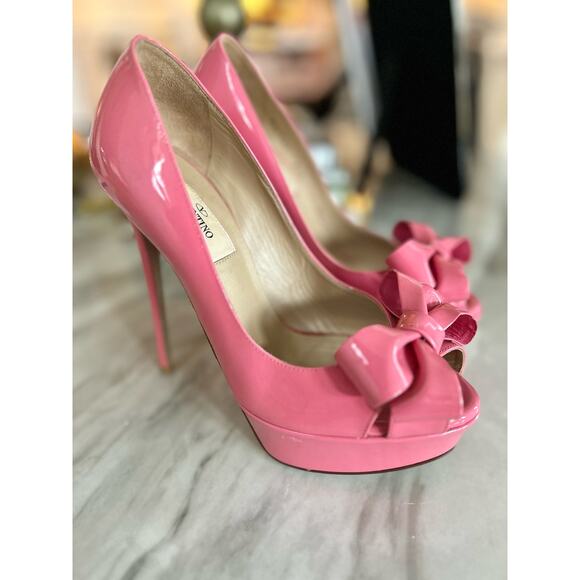 Valentino Garavani Bubblegum Pink Bow Platform Peep Toe Heels - Picture 1 of 16